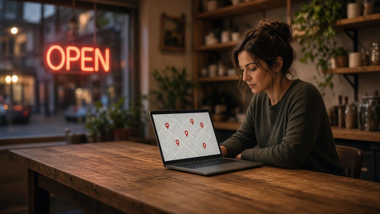 Small business owner reviewing their online map listing on a laptop after hours