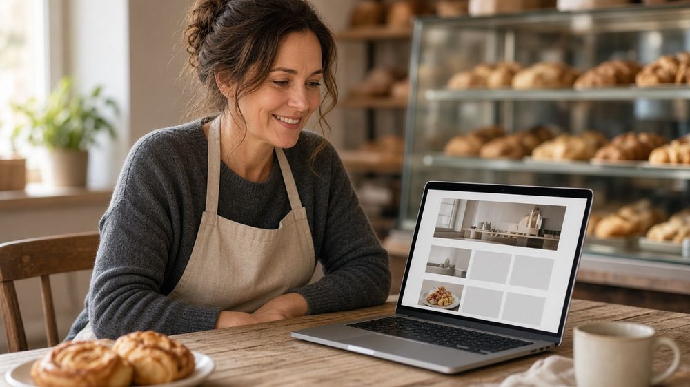 Bakery owner reviewing a refreshed website on her laptop