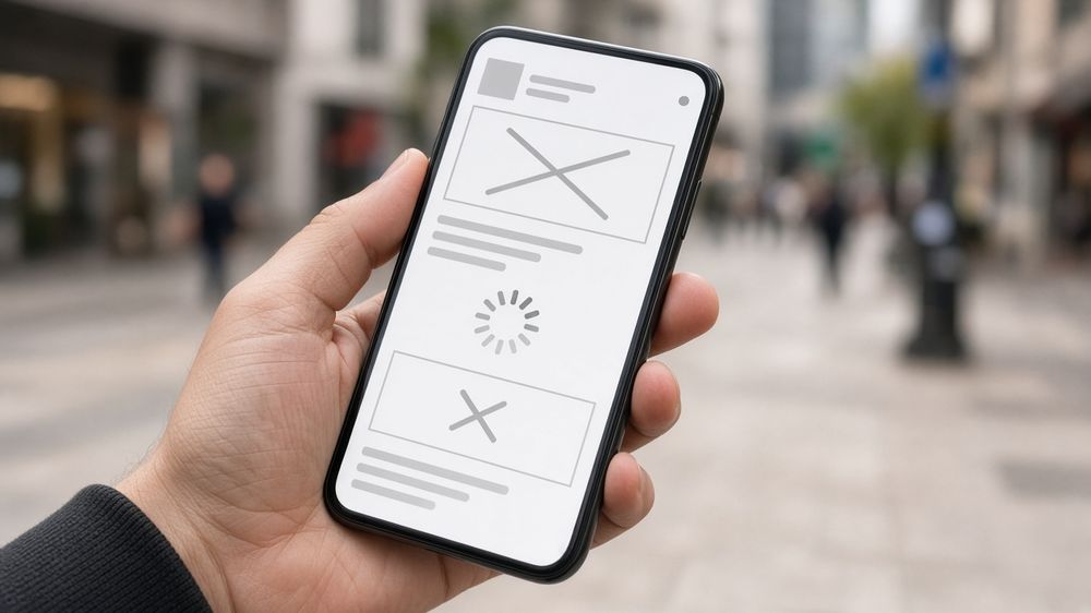 Phone showing a slow, half-loaded website with broken images